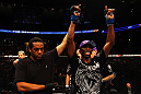 ATLANTA, GA - APRIL 21:  Anthony Njokuani (R) celebrates after defeating John Makdessi by unanimous decision during their lightweight bout for UFC 145 at Philips Arena on April 21, 2012 in Atlanta, Georgia.  (Photo by Al Bello/Zuffa LLC/Zuffa LLC via Getty Images)