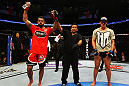ATLANTA, GA - APRIL 21:  Matt Brown (L) celebrates defeating Stephen Thompson (R) by unanimous decision during their welterweight bout for UFC 145 at Philips Arena on April 21, 2012 in Atlanta, Georgia.  (Photo by Al Bello/Zuffa LLC/Zuffa LLC via Getty Images)