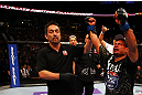 ATLANTA, GA - APRIL 21:  Eddie Yagin (R) celebrates defeating Mark Hominick (not pictured during their featherweight bout for UFC 145 at Philips Arena on April 21, 2012 in Atlanta, Georgia.  (Photo by Al Bello/Zuffa LLC/Zuffa LLC via Getty Images)
