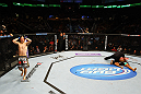 ATLANTA, GA - APRIL 21: Michael McDonald celebrates defeating Miguel Angel Torres by knockout in the first round during their Bantamweight bout for UFC 145 at Philips Arena on April 21, 2012 in Atlanta, Georgia. (Photo by Al Bello/Zuffa LLC/Zuffa LLC via Getty Images)
