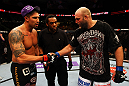 ATLANTA, GA - APRIL 21:  Brendan Schaub (L) shakes hands with Ben Rothwell after Rothwell defeated him by TKO in their heavyweight bout for UFC 145 at Philips Arena on April 21, 2012 in Atlanta, Georgia.  (Photo by Al Bello/Zuffa LLC/Zuffa LLC via Getty Images)