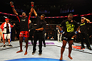 ATLANTA, GA - APRIL 21:  Jon Jones (L) celebrates defeating Rashad Evans (R) by unanimous decision in their light heavyweight title bout for UFC 145 at Philips Arena on April 21, 2012 in Atlanta, Georgia.  (Photo by Al Bello/Zuffa LLC/Zuffa LLC via Getty Images)