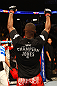 ATLANTA, GA - APRIL 21:  Jon Jones celebrates defeating Rashad Evans by unanimous decision in their light heavyweight title bout for UFC 145 at Philips Arena on April 21, 2012 in Atlanta, Georgia.  (Photo by Al Bello/Zuffa LLC/Zuffa LLC via Getty Images)