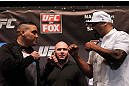 NEW YORK, NY - MAY 03:  (L-R) Heavyweight opponents Pat Barry and Lavar Johnson face off during the UFC on FOX pre-fight press conference at Beacon Theatre on May 3, 2012 in New York City.  (Photo by Josh Hedges/Zuffa LLC/Zuffa LLC via Getty Images)