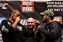 NEW YORK, NY - MAY 03:  (L-R) Main event opponents Nate Diaz and Jim Miller face off during the UFC on FOX pre-fight press conference at Beacon Theatre on May 3, 2012 in New York City.  (Photo by Josh Hedges/Zuffa LLC/Zuffa LLC via Getty Images)