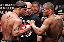 EAST RUTHERFORD, NJ - MAY 04:  (L-R) Opponents Mike Massenzio and Karlos Vemola face off after weighing in during the UFC on FOX official weigh in at Izod Center on May 4, 2012 in East Rutherford, New Jersey.  (Photo by Josh Hedges/Zuffa LLC/Zuffa LLC via Getty Images)
