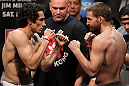 EAST RUTHERFORD, NJ - MAY 04:  (L-R) Opponents Roland Delorme and Nick Denis face off after weighing in during the UFC on FOX official weigh in at Izod Center on May 4, 2012 in East Rutherford, New Jersey.  (Photo by Josh Hedges/Zuffa LLC/Zuffa LLC via Getty Images)