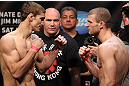 EAST RUTHERFORD, NJ - MAY 04:  (L-R) Welterweight opponents John Hathaway and Pascal Krauss face off after weighing in during the UFC on FOX official weigh in at Izod Center on May 4, 2012 in East Rutherford, New Jersey.  (Photo by Josh Hedges/Zuffa LLC/Zuffa LLC via Getty Images)