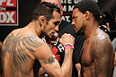 EAST RUTHERFORD, NJ - MAY 04:  (L-R) Lightweight opponents Tony Ferguson and Michael Johnson face off after weighing in during the UFC on FOX official weigh in at Izod Center on May 4, 2012 in East Rutherford, New Jersey.  (Photo by Josh Hedges/Zuffa LLC/Zuffa LLC via Getty Images)
