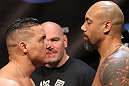 EAST RUTHERFORD, NJ - MAY 04:  (L-R) Heavyweight opponents Pat Barry and Lavar Johnson face off after weighing in during the UFC on FOX official weigh in at Izod Center on May 4, 2012 in East Rutherford, New Jersey.  (Photo by Josh Hedges/Zuffa LLC/Zuffa LLC via Getty Images)
