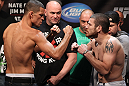 EAST RUTHERFORD, NJ - MAY 04:  (L-R) Main event opponents Nate Diaz and Jim Miller face off aftering weighing in during the UFC on FOX official weigh in at Izod Center on May 4, 2012 in East Rutherford, New Jersey.  (Photo by Josh Hedges/Zuffa LLC/Zuffa LLC via Getty Images)