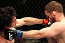 EAST RUTHERFORD, NJ - MAY 05:  Roland Delorme (L) punches Nick Denis (R) during thier Bantamweight bout at Izod Center on May 5, 2012 in East Rutherford, New Jersey.  (Photo by Josh Hedges/Zuffa LLC/Zuffa LLC via Getty Images)