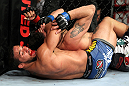 EAST RUTHERFORD, NJ - MAY 05:  Dennis Bermudez chokes Pablo Garza during thier Bantamweight bout at Izod Center on May 5, 2012 in East Rutherford, New Jersey.  (Photo by Josh Hedges/Zuffa LLC/Zuffa LLC via Getty Images)