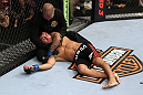 EAST RUTHERFORD, NJ - MAY 05: John Lineker gets assisted after being choked out by Louis Gaudinot during thier Flyweight bout at Izod Center on May 5, 2012 in East Rutherford, New Jersey.  (Photo by Josh Hedges/Zuffa LLC/Zuffa LLC via Getty Images)