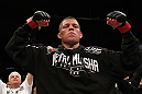 EAST RUTHERFORD, NJ - MAY 05:  Nate Diaz celebrates after defeating Jim Miller in thier Lightweight bout at Izod Center on May 5, 2012 in East Rutherford, New Jersey.  (Photo by Josh Hedges/Zuffa LLC/Zuffa LLC via Getty Images)