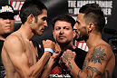 FAIRFAX, VA - MAY 14:  (L-R) Opponents Alex Soto and Francisco Rivera face off after weighing in during the UFC on Fuel TV official weigh in at Patriot Center on May 14, 2012 in Fairfax, Virginia.  (Photo by Josh Hedges/Zuffa LLC/Zuffa LLC via Getty Images)