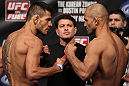 FAIRFAX, VA - MAY 14:  (L-R) Lightweight opponents Rafael Dos Anjos and Kamal Shalorus face off after weighing in during the UFC on Fuel TV official weigh in at Patriot Center on May 14, 2012 in Fairfax, Virginia.  (Photo by Josh Hedges/Zuffa LLC/Zuffa LLC via Getty Images)