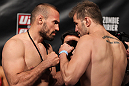 FAIRFAX, VA - MAY 14:  (L-R) Light Heavyweight opponents Igor Pokrajac and Fabio Maldonado face off after weighing in during the UFC on Fuel TV official weigh in at Patriot Center on May 14, 2012 in Fairfax, Virginia.  (Photo by Josh Hedges/Zuffa LLC/Zuffa LLC via Getty Images)