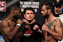 FAIRFAX, VA - MAY 14:  (L-R) Bantamweight opponents Yves Jabouin and Jeff Hougland face off after weighing in during the UFC on Fuel TV official weigh in at Patriot Center on May 14, 2012 in Fairfax, Virginia.  (Photo by Josh Hedges/Zuffa LLC/Zuffa LLC via Getty Images)