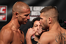 FAIRFAX, VA - MAY 14:  (L-R) Lightweight opponents Donald "Cowboy" Cerrone and Jeremy Stephens face off after weighing in during the UFC on Fuel TV official weigh in at Patriot Center on May 14, 2012 in Fairfax, Virginia.  (Photo by Josh Hedges/Zuffa LLC/Zuffa LLC via Getty Images)