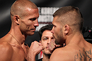 FAIRFAX, VA - MAY 14:  (L-R) Lightweight opponents Donald "Cowboy" Cerrone and Jeremy Stephens face off after weighing in during the UFC on Fuel TV official weigh in at Patriot Center on May 14, 2012 in Fairfax, Virginia.  (Photo by Josh Hedges/Zuffa LLC/Zuffa LLC via Getty Images)