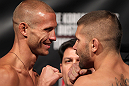 FAIRFAX, VA - MAY 14:  (L-R) Lightweight opponents Donald "Cowboy" Cerrone and Jeremy Stephens face off after weighing in during the UFC on Fuel TV official weigh in at Patriot Center on May 14, 2012 in Fairfax, Virginia.  (Photo by Josh Hedges/Zuffa LLC/Zuffa LLC via Getty Images)