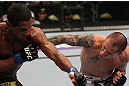 FAIRFAX, VA - MAY 15:  (R-L) Jeff Curran and Johnny Eduardo trade punches in a bantamweight bout during the UFC on Fuel TV event at Patriot Center on May 15, 2012 in Fairfax, Virginia.  (Photo by Josh Hedges/Zuffa LLC/Zuffa LLC via Getty Images)