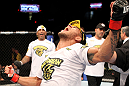 FAIRFAX, VA - MAY 15:  Rafael Dos Anjos reacts after defeating Kamal Shalorus in a lightweight bout during the UFC on Fuel TV event at Patriot Center on May 15, 2012 in Fairfax, Virginia.  (Photo by Josh Hedges/Zuffa LLC/Zuffa LLC via Getty Images)