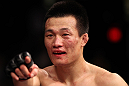 FAIRFAX, VA - MAY 15:  "The Korean Zombie" Chan Sung Jung reacts after defeating Dustin Poirier in a featherweight bout during the UFC on Fuel TV event at Patriot Center on May 15, 2012 in Fairfax, Virginia.  (Photo by Josh Hedges/Zuffa LLC/Zuffa LLC via Getty Images)