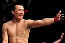 FAIRFAX, VA - MAY 15:  "The Korean Zombie" Chan Sung Jung reacts after defeating Dustin Poirier in a featherweight bout during the UFC on Fuel TV event at Patriot Center on May 15, 2012 in Fairfax, Virginia.  (Photo by Josh Hedges/Zuffa LLC/Zuffa LLC via Getty Images)