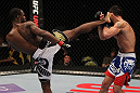 FAIRFAX, VA - MAY 15:  (L-R) Yves Jabouin kicks Jeff Hougland in a bantamweight bout during the UFC on Fuel TV event at Patriot Center on May 15, 2012 in Fairfax, Virginia.  (Photo by Josh Hedges/Zuffa LLC/Zuffa LLC via Getty Images)