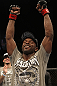 FAIRFAX, VA - MAY 15:  Yves Jabouin reacts after defeating Jeff Hougland in a bantamweight bout during the UFC on Fuel TV event at Patriot Center on May 15, 2012 in Fairfax, Virginia.  (Photo by Josh Hedges/Zuffa LLC/Zuffa LLC via Getty Images)