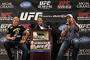 LAS VEGAS, NV - MAY 24:   UFC Heavyweight Champion Junior dos Santos (L) and opponent Frank Mir (R) attend the UFC 146 press conference hosted by Jon Anik (center) at MGM Grand on May 24, 2012 in Las Vegas, Nevada.  (Photo by Josh Hedges/Zuffa LLC/Zuffa LLC via Getty Images)