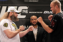 LAS VEGAS, NV - MAY 24:  (L-R) Opponents Roy Nelson and Dave Herman face off during the UFC 146 press conference at MGM Grand on May 24, 2012 in Las Vegas, Nevada.  (Photo by Josh Hedges/Zuffa LLC/Zuffa LLC via Getty Images)