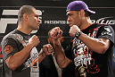 LAS VEGAS, NV - MAY 24:   (L-R) Opponents Cain Velasquez and Antonio "Big Foot" Silva face off during the UFC 146 press conference at MGM Grand on May 24, 2012 in Las Vegas, Nevada.  (Photo by Josh Hedges/Zuffa LLC/Zuffa LLC via Getty Images)