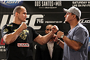 LAS VEGAS, NV - MAY 24:   (L-R) UFC Heavyweight Champion Junior dos Santos and challenger Frank Mir face off during the UFC 146 press conference at MGM Grand on May 24, 2012 in Las Vegas, Nevada.  (Photo by Josh Hedges/Zuffa LLC/Zuffa LLC via Getty Images)