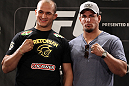 LAS VEGAS, NV - MAY 24:   (L-R) UFC Heavyweight Champion Junior dos Santos and challenger Frank Mir pose for photos during the UFC 146 press conference at MGM Grand on May 24, 2012 in Las Vegas, Nevada.  (Photo by Josh Hedges/Zuffa LLC/Zuffa LLC via Getty Images)