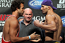 LAS VEGAS, NV - MAY 25:   (L-R) Opponents Kyle Kingsbury and Glover Texeira face off after making weight during the UFC 146 official weigh in at the MGM Grand Garden Arena on May 25, 2012 in Las Vegas, Nevada.  (Photo by Josh Hedges/Zuffa LLC/Zuffa LLC via Getty Images)