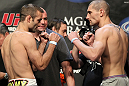 LAS VEGAS, NV - MAY 25:   (L-R) Opponents Jacob Volkmann and Paul Sass face off after making weight during the UFC 146 official weigh in at the MGM Grand Garden Arena on May 25, 2012 in Las Vegas, Nevada.  (Photo by Josh Hedges/Zuffa LLC/Zuffa LLC via Getty Images)