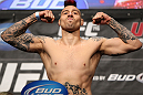 LAS VEGAS, NV - MAY 25:   Dan Hardy makes weight during the UFC 146 official weigh in at the MGM Grand Garden Arena on May 25, 2012 in Las Vegas, Nevada.  (Photo by Josh Hedges/Zuffa LLC/Zuffa LLC via Getty Images)