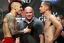 LAS VEGAS, NV - MAY 25:   (L-R) Opponents Dan Hardy and Duane Ludwig face off after making weight during the UFC 146 official weigh in at the MGM Grand Garden Arena on May 25, 2012 in Las Vegas, Nevada.  (Photo by Josh Hedges/Zuffa LLC/Zuffa LLC via Getty Images)
