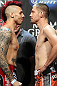 LAS VEGAS, NV - MAY 25:   (L-R) Opponents Dan Hardy and Duane Ludwig face off after making weight during the UFC 146 official weigh in at the MGM Grand Garden Arena on May 25, 2012 in Las Vegas, Nevada.  (Photo by Josh Hedges/Zuffa LLC/Zuffa LLC via Getty Images)