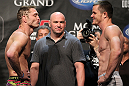 LAS VEGAS, NV - MAY 25:   (L-R) Opponents Jason "Mayhem" Miller and CB Dollaway face off after making weight during the UFC 146 official weigh in at the MGM Grand Garden Arena on May 25, 2012 in Las Vegas, Nevada.  (Photo by Josh Hedges/Zuffa LLC/Zuffa LLC via Getty Images)