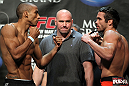 LAS VEGAS, NV - MAY 25:   (L-R) Opponents Edson Barboza and Jamie Varner face off after making weight during the UFC 146 official weigh in at the MGM Grand Garden Arena on May 25, 2012 in Las Vegas, Nevada.  (Photo by Josh Hedges/Zuffa LLC/Zuffa LLC via Getty Images)