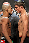 LAS VEGAS, NV - MAY 25:   (L-R) Opponents Diego Brandao and Darren Elkins face off after making weight during the UFC 146 official weigh in at the MGM Grand Garden Arena on May 25, 2012 in Las Vegas, Nevada.  (Photo by Josh Hedges/Zuffa LLC/Zuffa LLC via Getty Images)