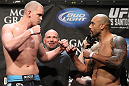 LAS VEGAS, NV - MAY 25:   (L-R) Opponents Stefan Struve and Lavar Johnson face off after making weight during the UFC 146 official weigh in at the MGM Grand Garden Arena on May 25, 2012 in Las Vegas, Nevada.  (Photo by Josh Hedges/Zuffa LLC/Zuffa LLC via Getty Images)