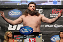 LAS VEGAS, NV - MAY 25:   Roy Nelson makes weight during the UFC 146 official weigh in at the MGM Grand Garden Arena on May 25, 2012 in Las Vegas, Nevada.  (Photo by Josh Hedges/Zuffa LLC/Zuffa LLC via Getty Images)