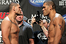 LAS VEGAS, NV - MAY 25:   (L-R) Opponents Cain Velasquez and Antonio "Big Foot" Silva face off after making weight during the UFC 146 official weigh in at the MGM Grand Garden Arena on May 25, 2012 in Las Vegas, Nevada.  (Photo by Josh Hedges/Zuffa LLC/Zuffa LLC via Getty Images)