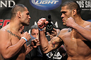 LAS VEGAS, NV - MAY 25:   (L-R) Opponents Cain Velasquez and Antonio "Big Foot" Silva face off after making weight during the UFC 146 official weigh in at the MGM Grand Garden Arena on May 25, 2012 in Las Vegas, Nevada.  (Photo by Josh Hedges/Zuffa LLC/Zuffa LLC via Getty Images)