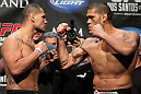 LAS VEGAS, NV - MAY 25:   (L-R) Opponents Cain Velasquez and Antonio "Big Foot" Silva face off after making weight during the UFC 146 official weigh in at the MGM Grand Garden Arena on May 25, 2012 in Las Vegas, Nevada.  (Photo by Josh Hedges/Zuffa LLC/Zuffa LLC via Getty Images)